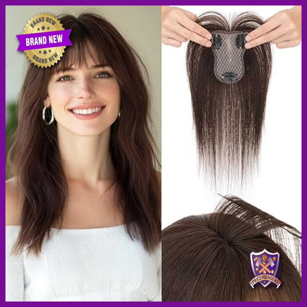 Human Hair Topper with Wispy Bangs, Clip-in 360 Coverage for Thinning Hair